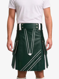 A dark green faux-leather kilt with white contrast stitching and silver hardware, modeled with a white t-shirt against a light gray background.
