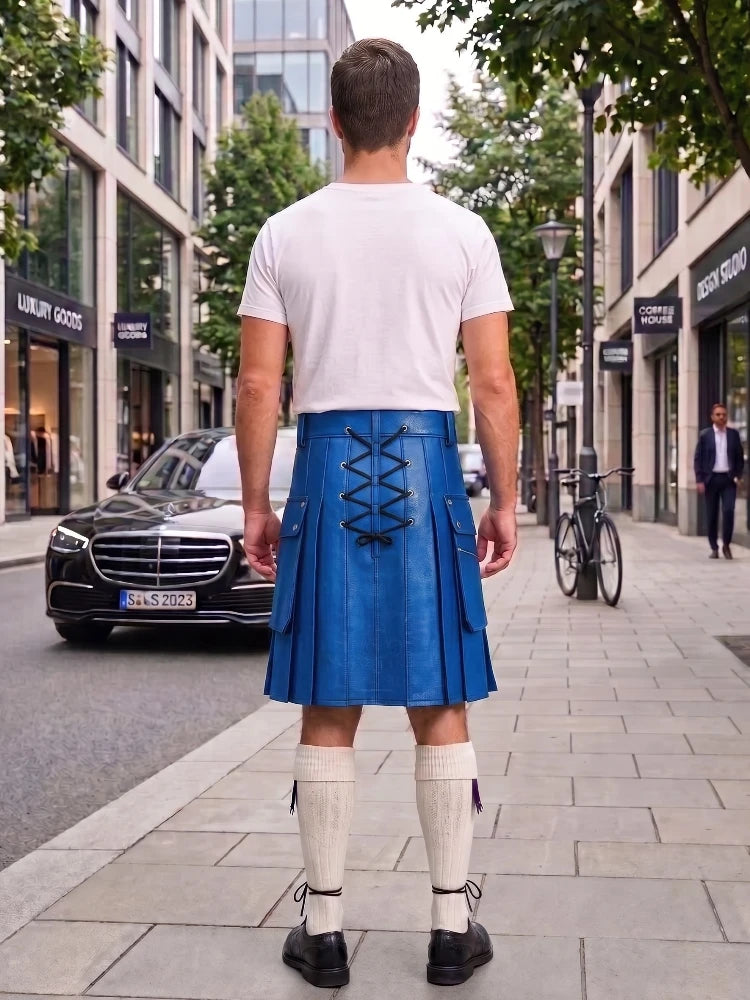 Electric Blue Cow Leather Utility Kilts for Men