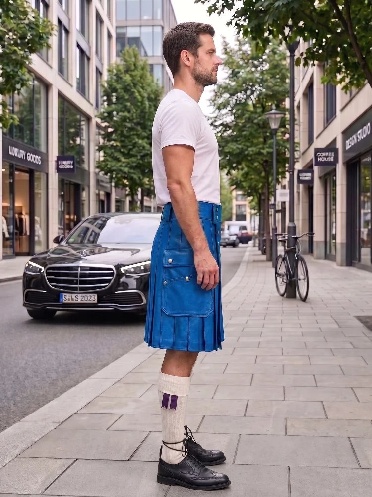 A man standing on a city sidewalk wearing a white t-shirt, a bright blue pleated kilt, white socks with purple stripes, and black leather shoes. A black Mercedes-Benz car and a bicycle are parked in the background of the street scene.