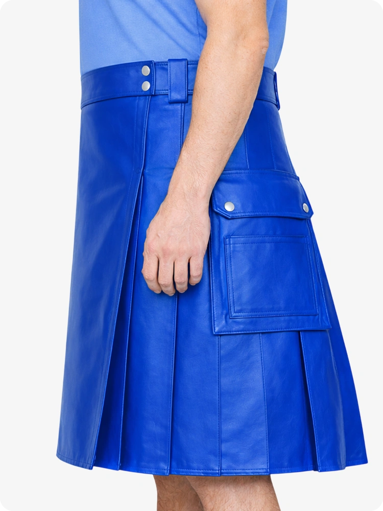 Electric Blue Genuine Leather Utility Kilt with Side Pockets