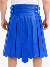 Electric Blue pleated skirt with belt on a white background