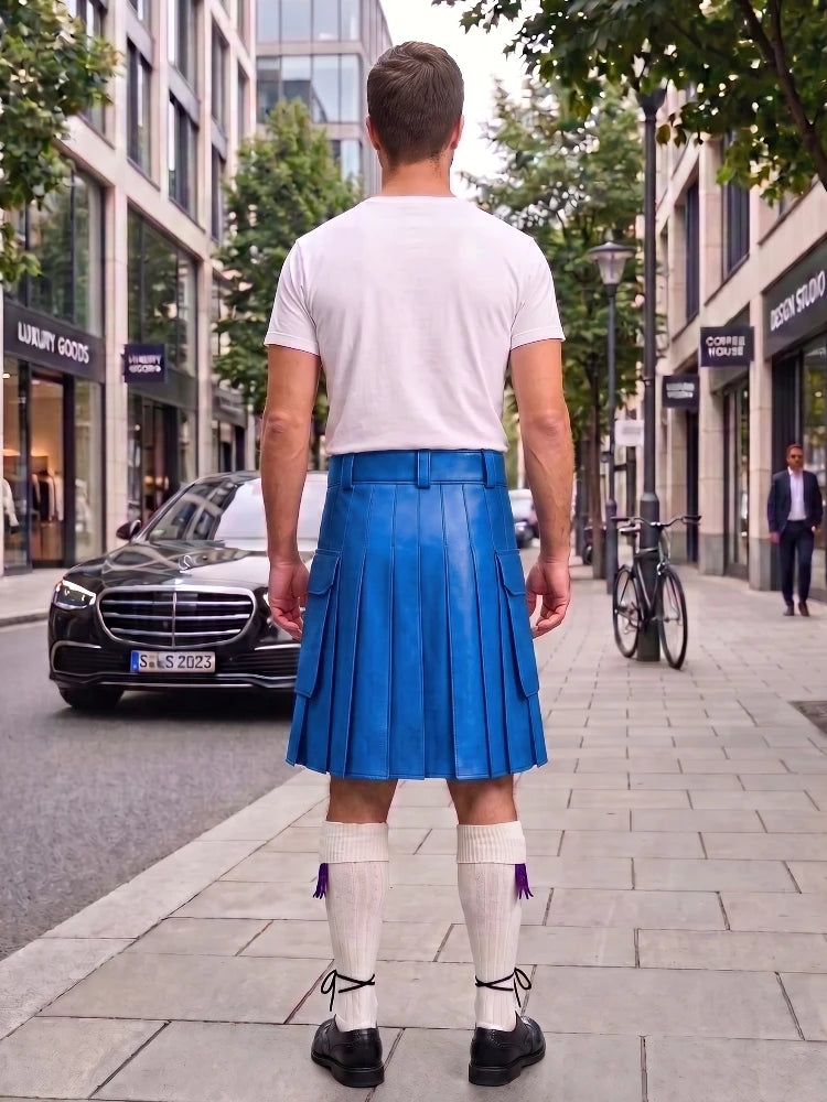Electric Blue Leather Kilt For Men Tactical Utility Kilts
