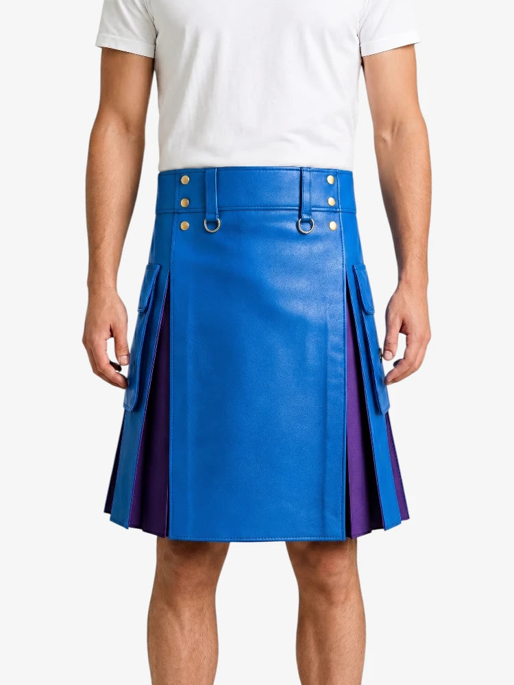 Electric Blue Leather Kilt With Purple Pleats