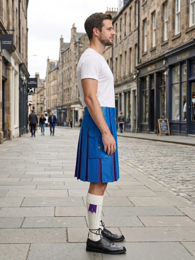 Electric Blue Leather Kilt With Purple Pleats Right Side