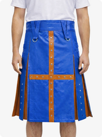 Electric Blue kilt with brown accents worn by a person on a white background