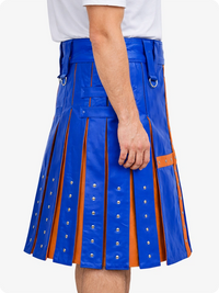 Electric Blue and Brown pleated kilt worn by a person on a white background
