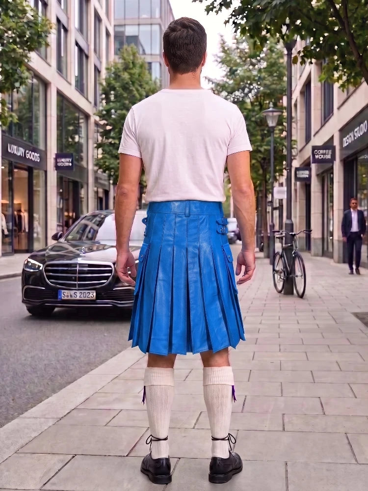 Electric Blue Leather Utility Kilt with Sporran