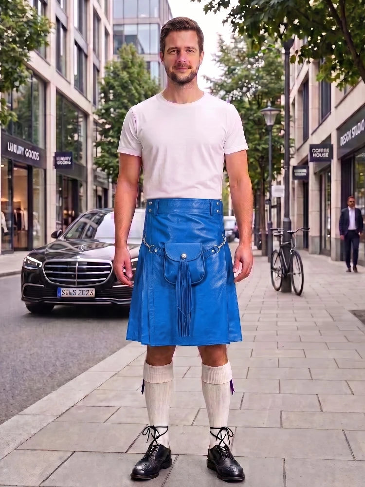 Electric Blue Leather Utility Kilt with Sporran