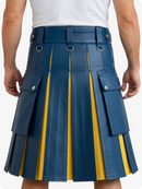 Blue pleated skirt with yellow accents worn by a person on a white background