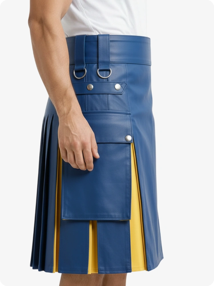 Electric Blue & Yellow Leather Utility Kilt with Cargo Pockets
