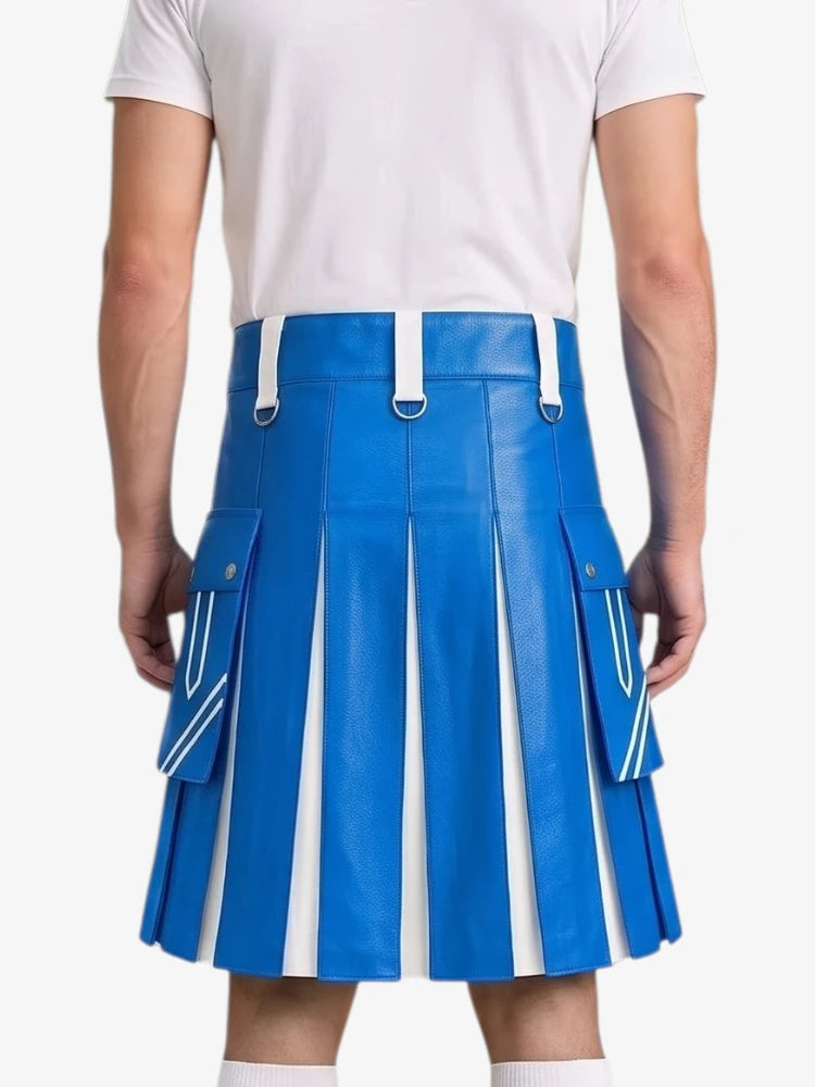 Electric Blue and White Leather Hybrid Utility Kilt