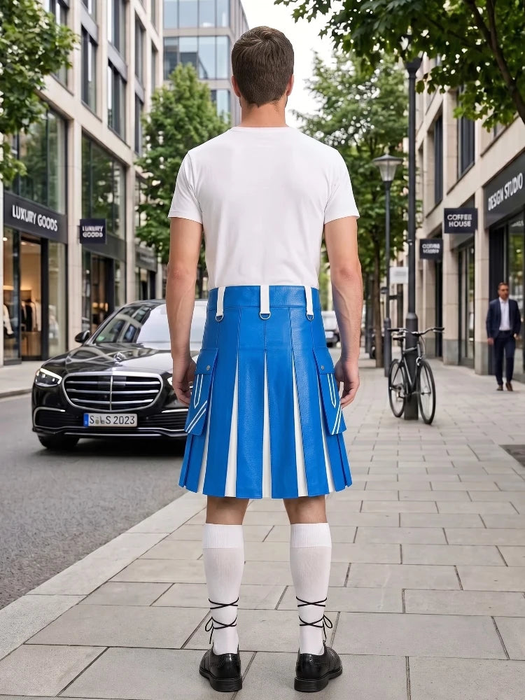 Electric Blue and White Leather Hybrid Utility Kilt