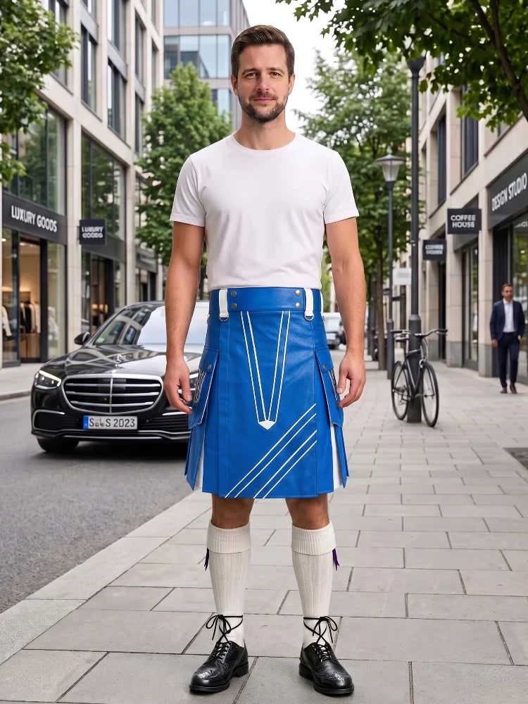 Electric Blue and White Leather Hybrid Utility Kilt