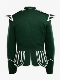 Green military-style jacket with white accents on a white background