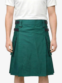 Green kilt worn by a person on a white background