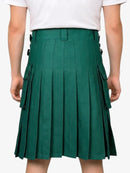 Green pleated skirt worn by a person on a white background