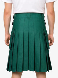 Green pleated skirt worn by a person on a white background