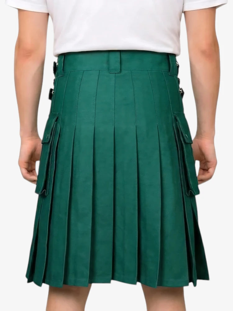 Green pleated skirt worn by a person on a white background
