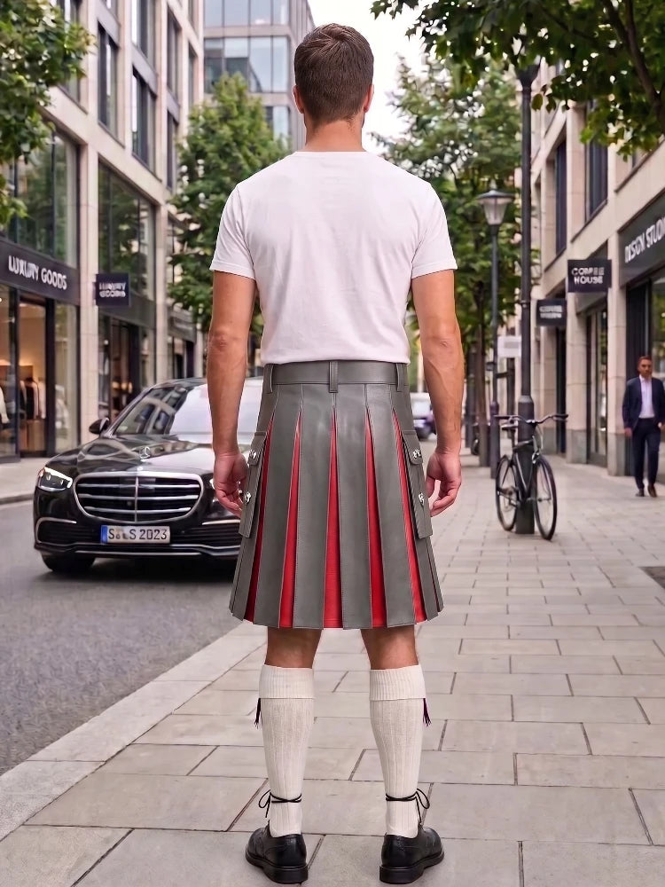 Grey With Red Cowhide Leather Hybrid Utility Kilt