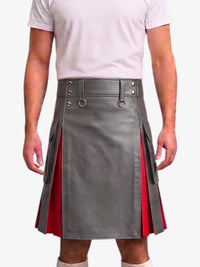 A gray faux-leather kilt with red side panels and silver metal hardware, modeled with a white t-shirt against a light gray background.