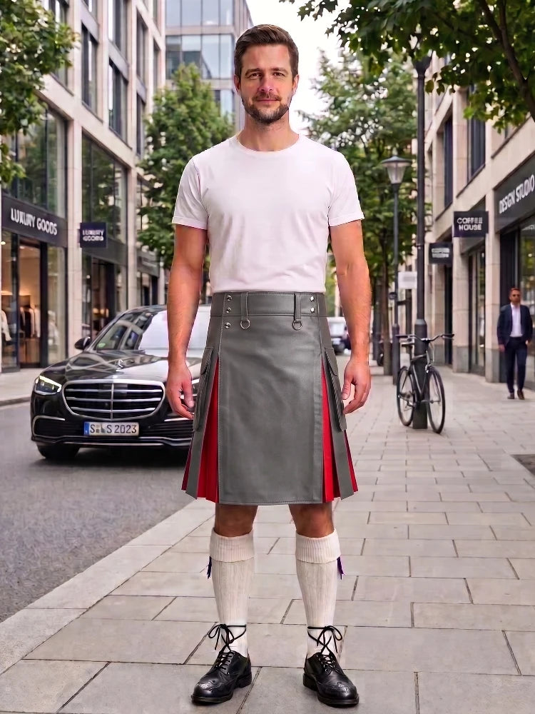 Grey With Red Cowhide Leather Hybrid Utility Kilt
