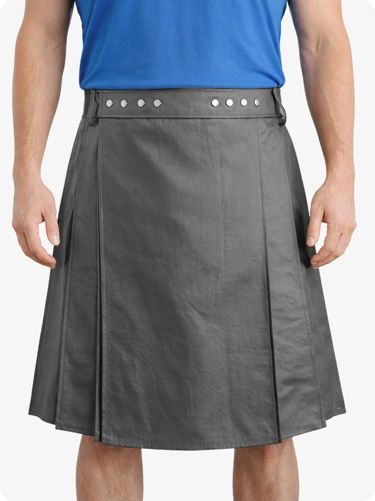 Grey Genuine Leather Utility Kilt with Studded Waistband