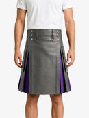 Grey Leather Kilt With Purple Pleats