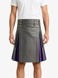Grey Leather Kilt With Purple Pleats