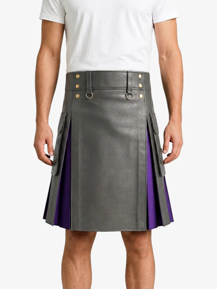 Grey Leather Kilt With Purple Pleats
