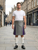Grey Leather Kilt With Purple Pleats Front Side