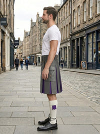 Grey Leather Kilt With Purple Pleats Left Side