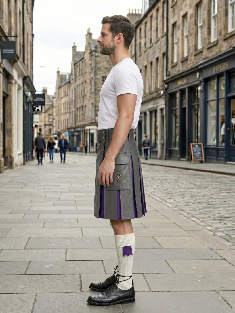 Grey Leather Kilt With Purple Pleats Left Side