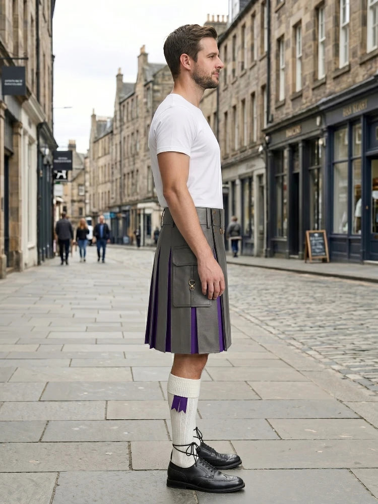 Grey Leather Kilt With Purple Pleats Right Side