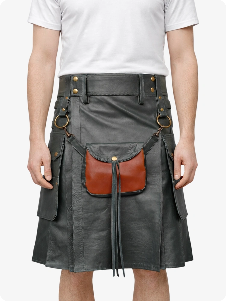 Grey Leather Utility Kilt with Front Sporran