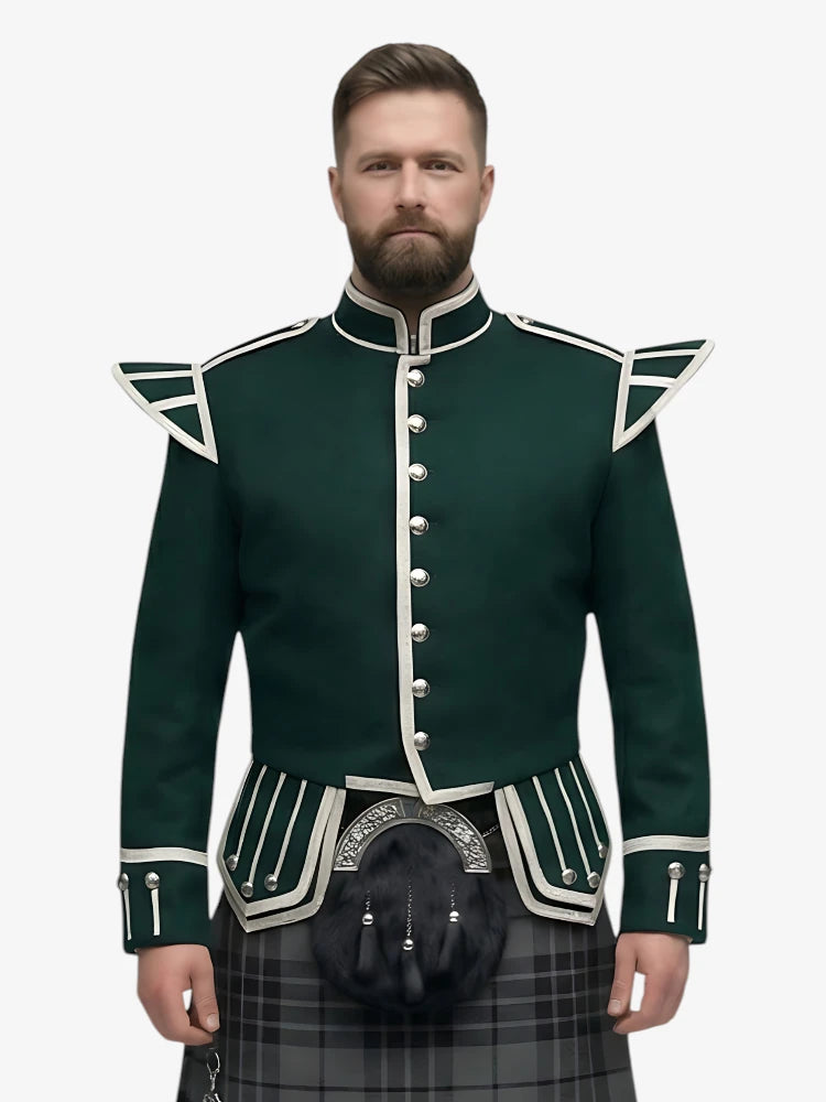 Grey Watch Tartan Doublet Kilt Outfit with Dark Green Jacket Front View with Light Grey Background