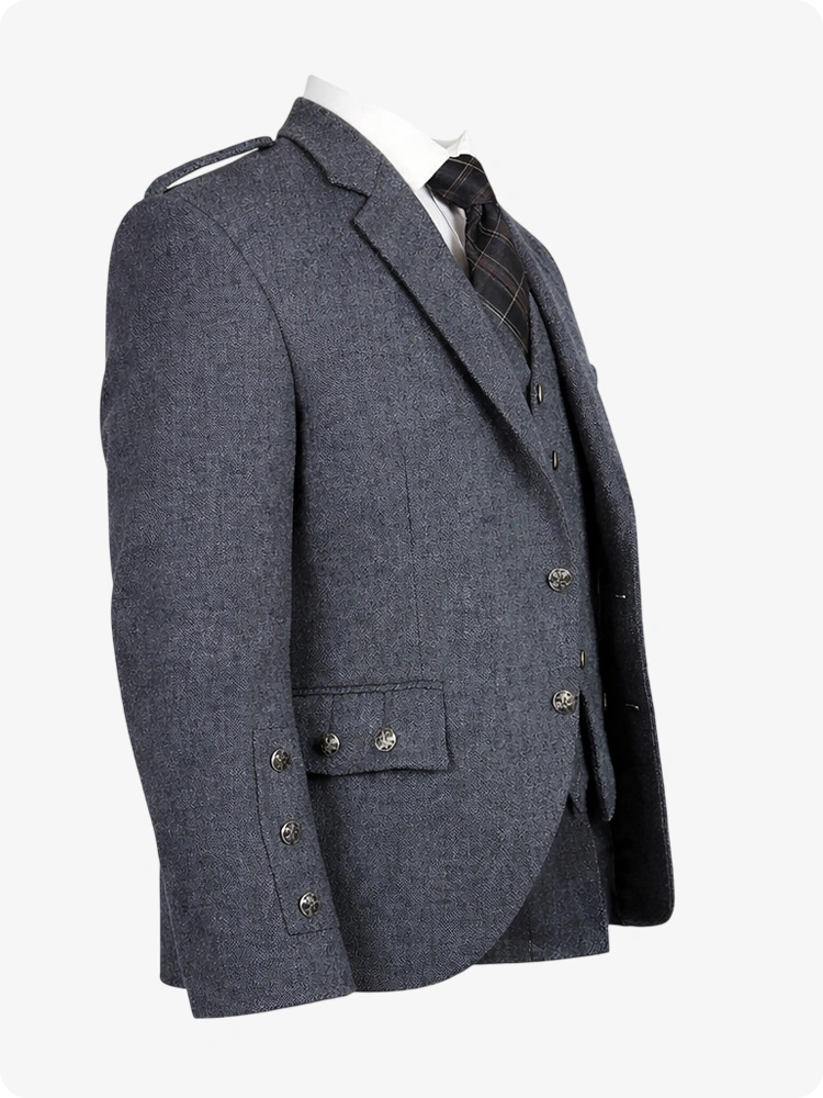 Gray blazer on a mannequin against a white background