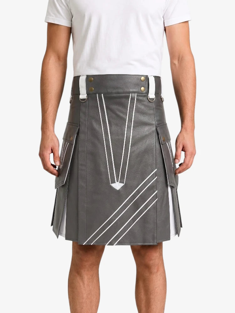 Grey and White Leather Hybrid Utility Kilt