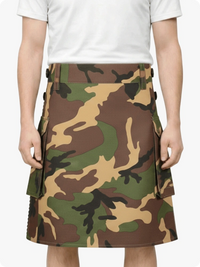 Camouflage kilt worn by a person on a white background