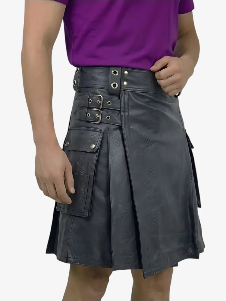 Hand Made Shiny Black Leather Kilt