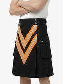 Black kilt with orange and gray V-shaped design worn by a person on a white background