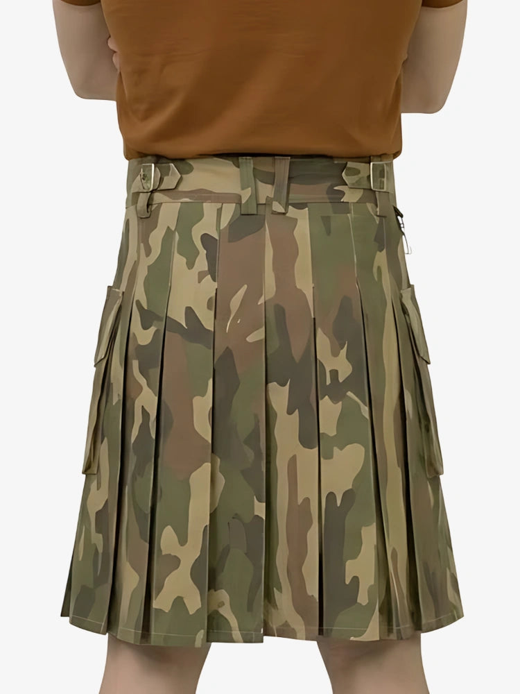 Camouflage kilt worn by a person on a white background