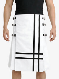 White skirt with black geometric patterns worn by a person on a white background