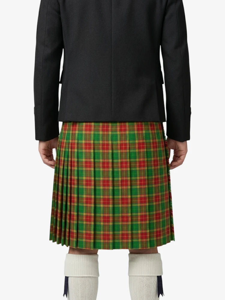 Person wearing a black jacket and red plaid kilt on a white background