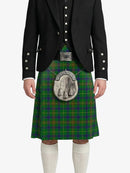 Person wearing a traditional Scottish kilt with a black jacket on a white background