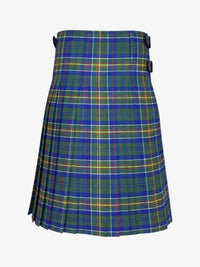 Plaid kilt back side with green, blue, and yellow colors on a white background