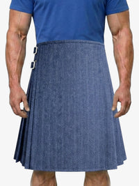 Person wearing a blue kilt on a white background