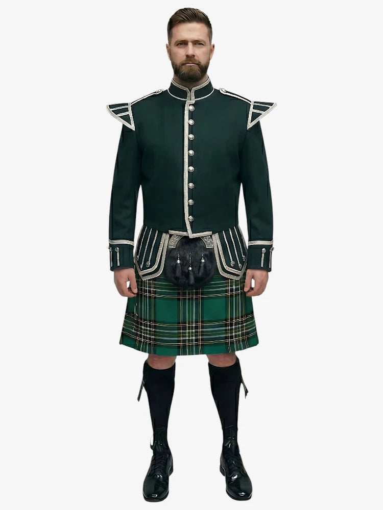 Irish National Tartan Doublet Kilt Outfit with Dark Green Jacket
