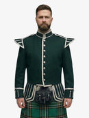 Man wearing a dark green military-style jacket with white accents on a white background