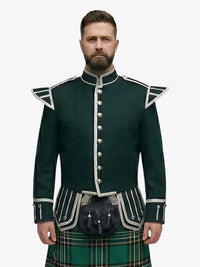 Man wearing a dark green military-style jacket with white accents on a white background