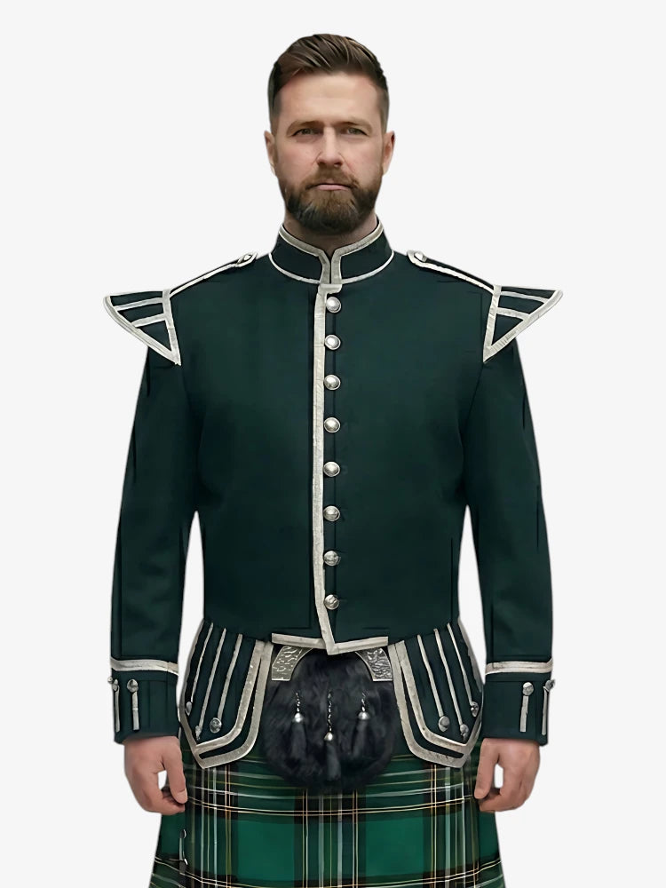 Man wearing a dark green military-style jacket with white accents on a white background